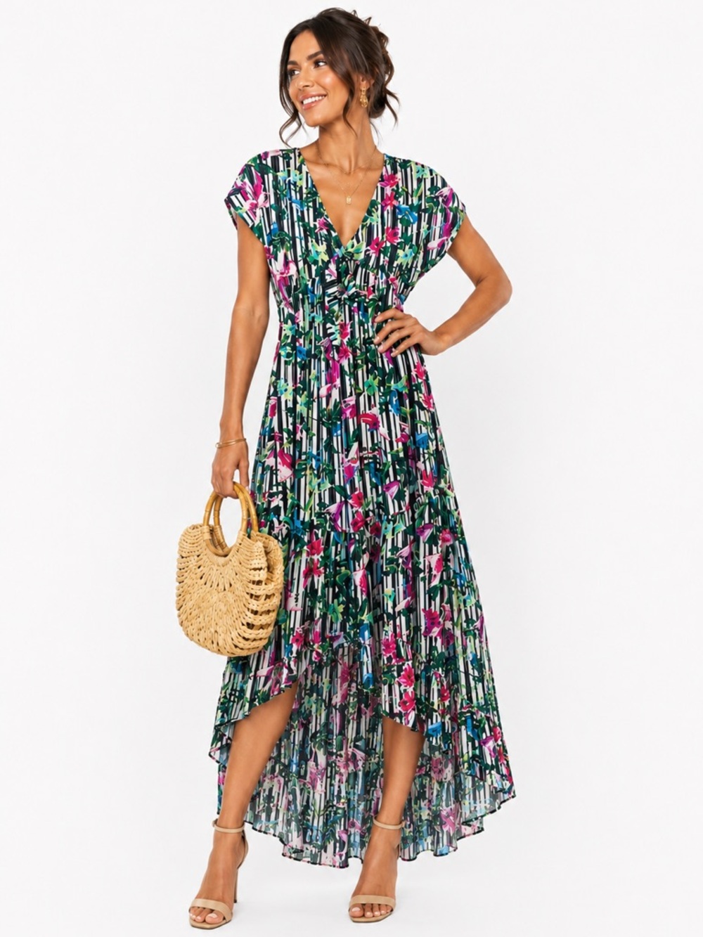 Sugar + Lips Tropical Floral Black White Striped Dress​ NWT Size Medium